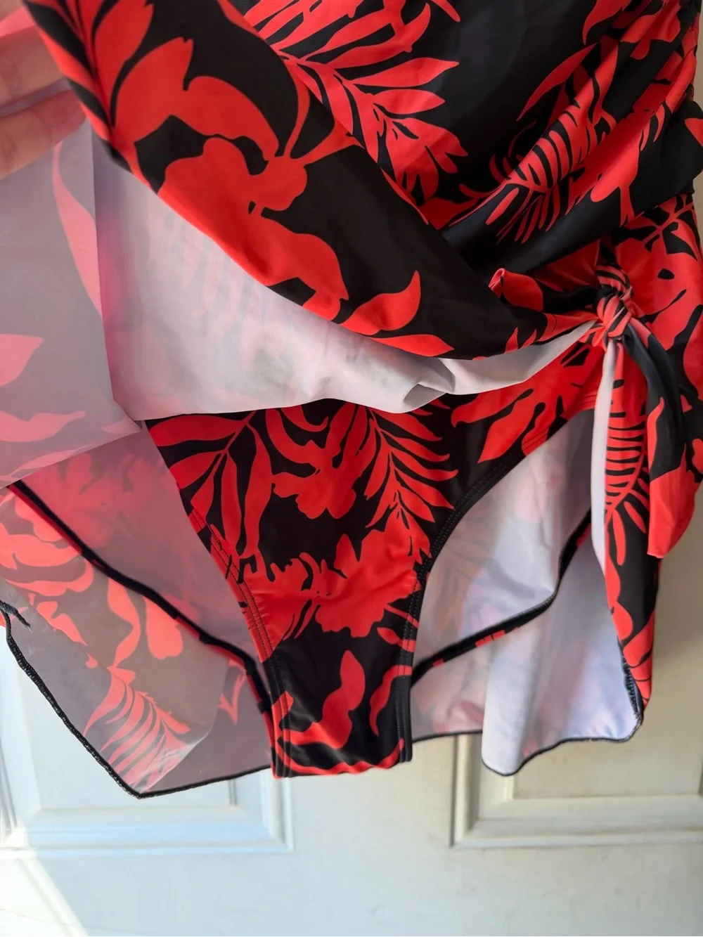 Plus Size Black and Coral Swim Dress with Tropical Print